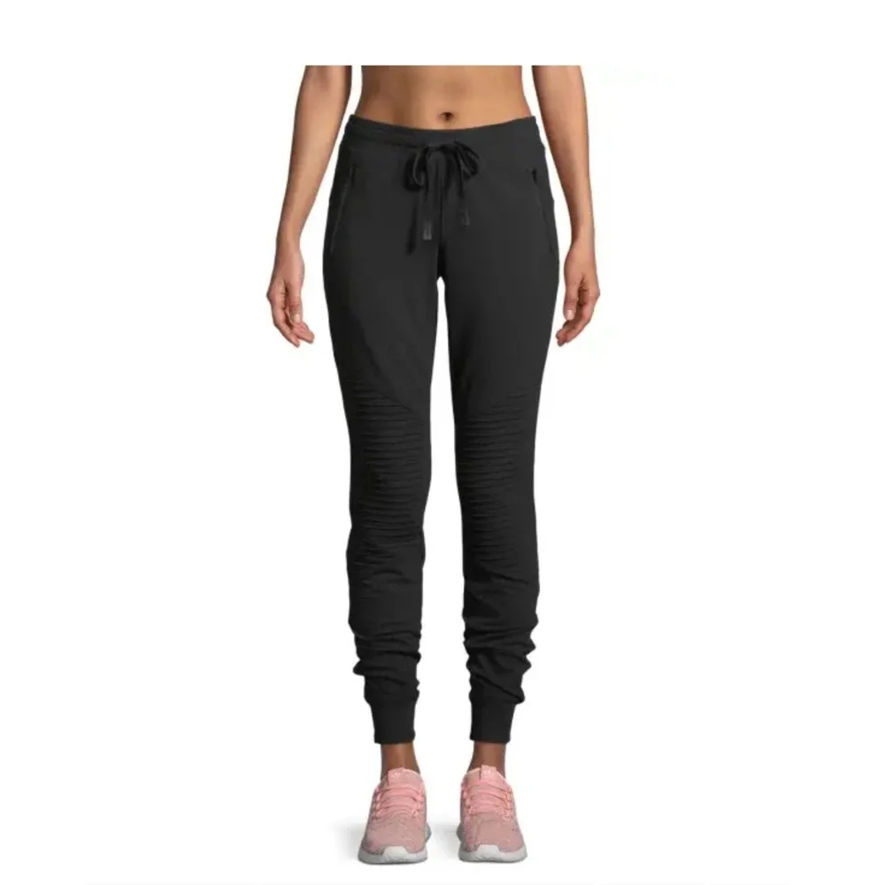 Alo Yoga Moto Jogger Pants Womens XS Black Ribbed Zip Pockets Drawstring Lounge